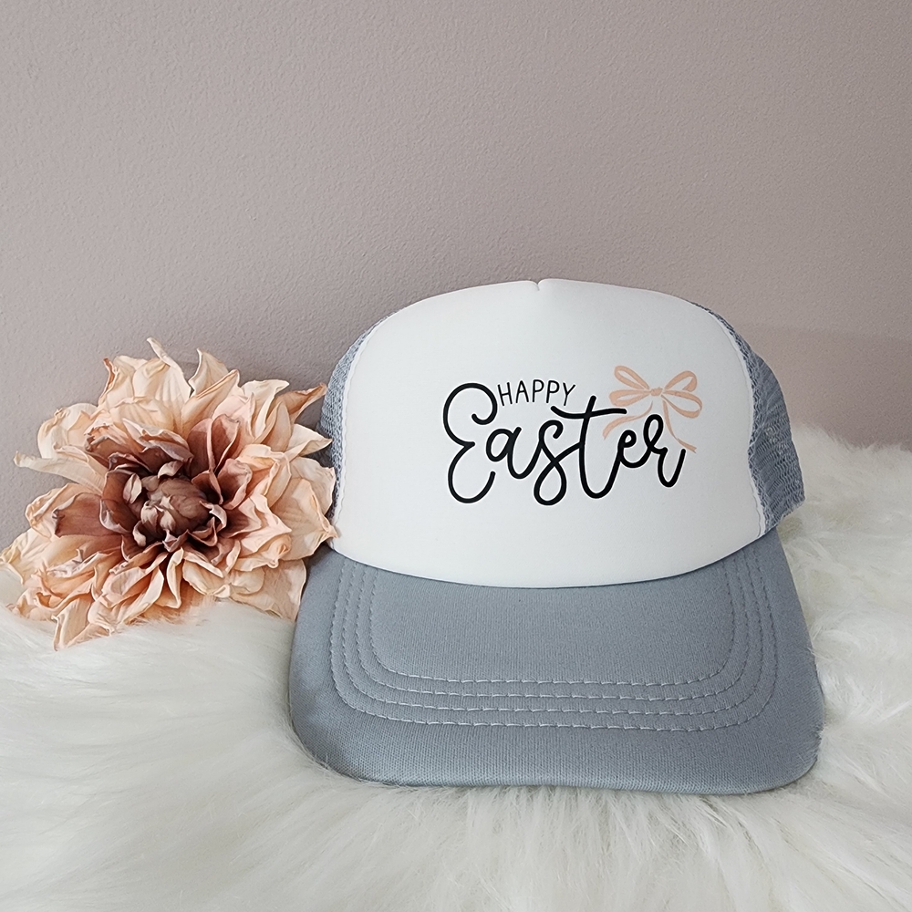 Happy Easter White and Gray Trucker Hat Ribbon And Bow Easter Hat